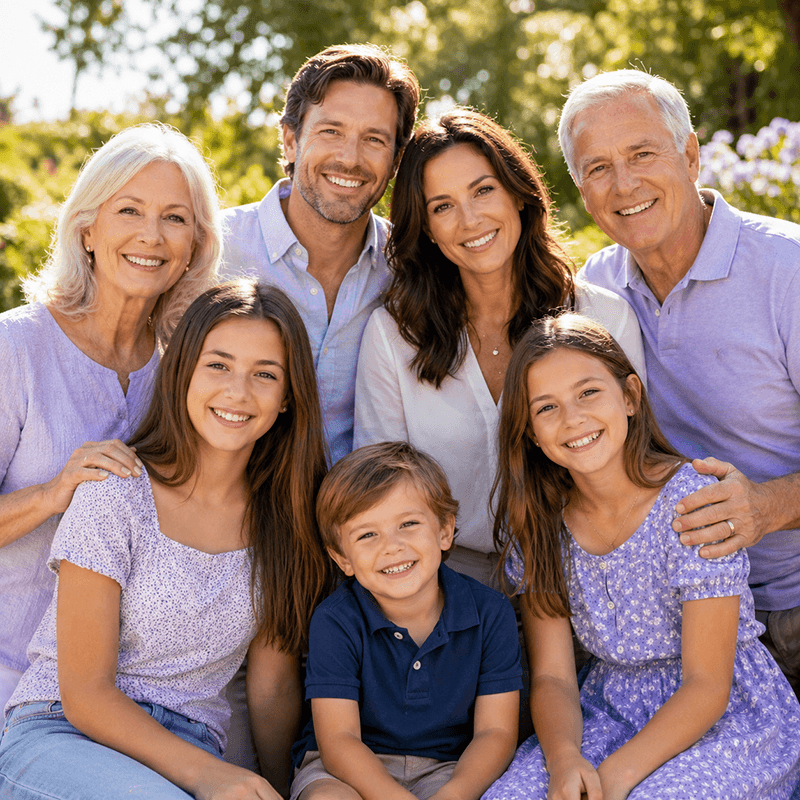 Happy multi-generational family outdoors representing family dermatology care in Poway CA
