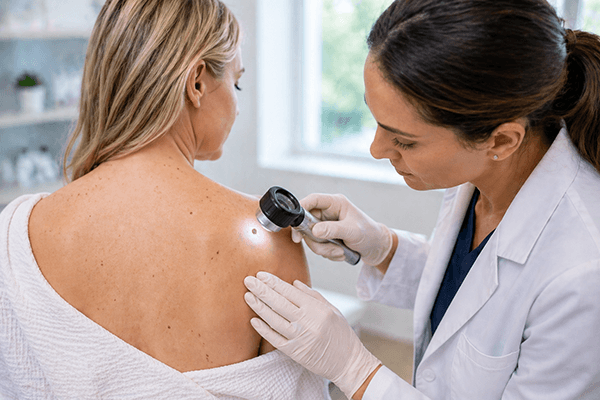 Dermatologist performing a skin cancer screening with a dermatoscope in a Poway dermatology clinic